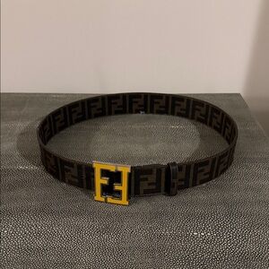 Fendi Black and Brown Belt with Yellow Logo Buckle